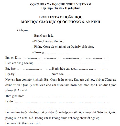 Đơn xin tạm hoãn học giáo dục quốc phòng