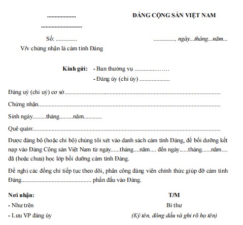 Mẫu công văn về việc chứng nhận là cảm tình Đảng