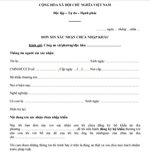 Mẫu đơn xin xác nhận chưa nhập khẩu