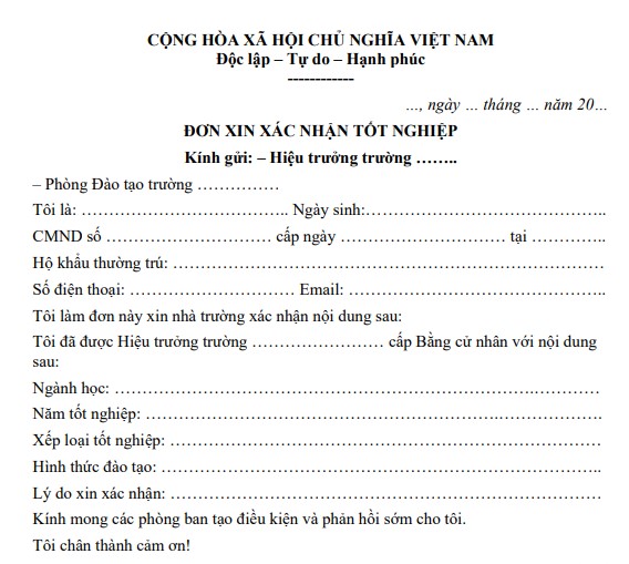 Mẫu đơn xin xác nhận tốt nghiệp trường đại học
