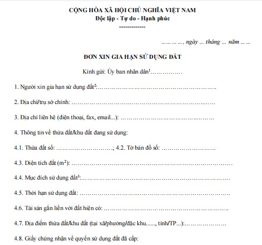 Đơn xin gia hạn sử dụng đất theo Nghị định 102 hướng dẫn Luật Đất đai 2024