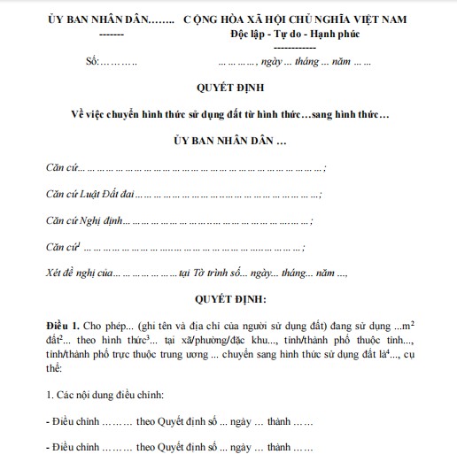 Mẫu quyết định chuyển hình thức giao đất/cho thuê đất 2024