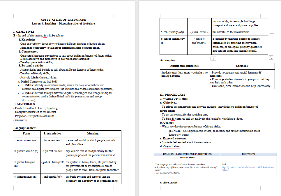 Giáo án Tiếng Anh 11 Unit 3: Speaking