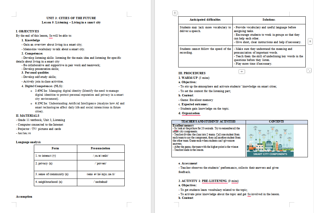 Giáo án Tiếng Anh 11 Unit 3: Listening