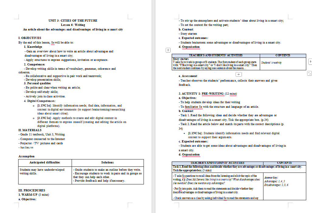 Giáo án Tiếng Anh 11 Unit 3: Writing