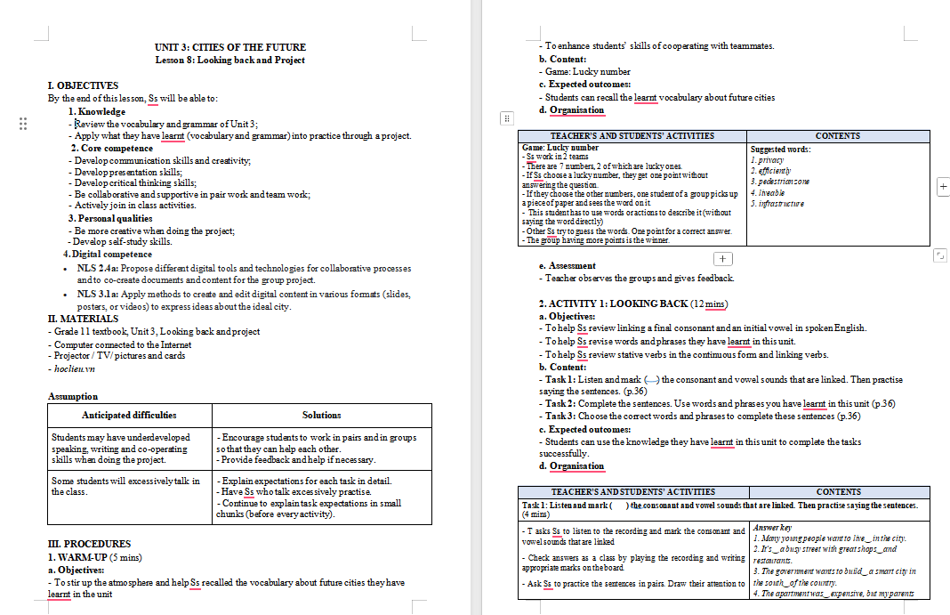 Giáo án Tiếng Anh 11 Unit 3: Looking Back