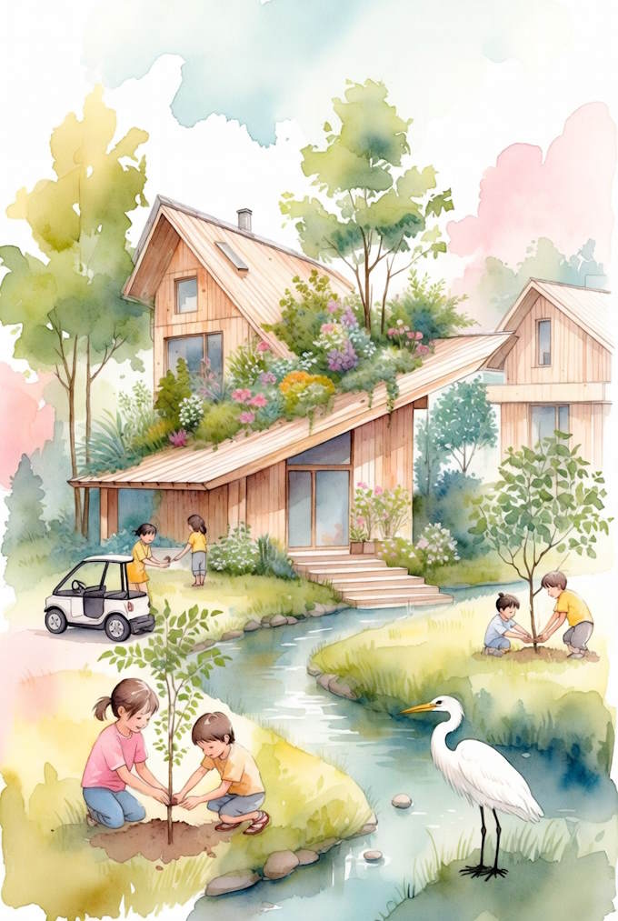 Vẽ tranh Ngôi nhà mơ ước chủ đề đô thị xanh hạnh phúc - Nơi con người sống hòa hợp với thiên nhiên
