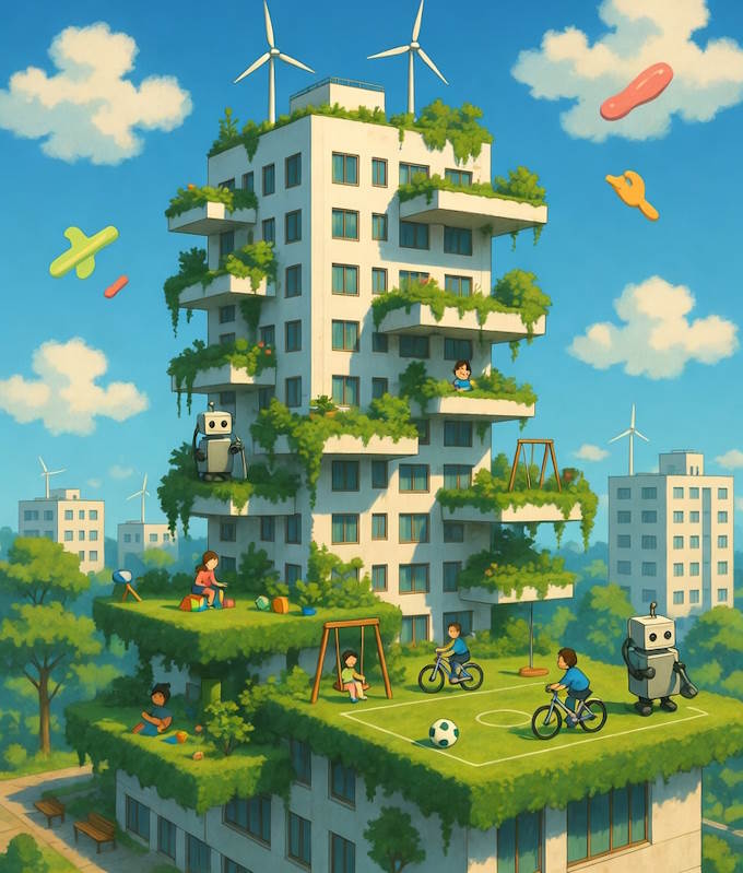 Vẽ tranh Ngôi nhà mơ ước chủ đề đô thị xanh hạnh phúc: Sử dụng năng lượng tái tạo, trồng cây trên ban công, sân thượng