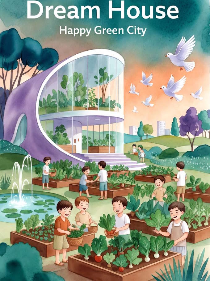 Vẽ tranh Ngôi nhà mơ ước chủ đề đô thị xanh hạnh phúc - Sáng kiến trồng nhiều cây xanh