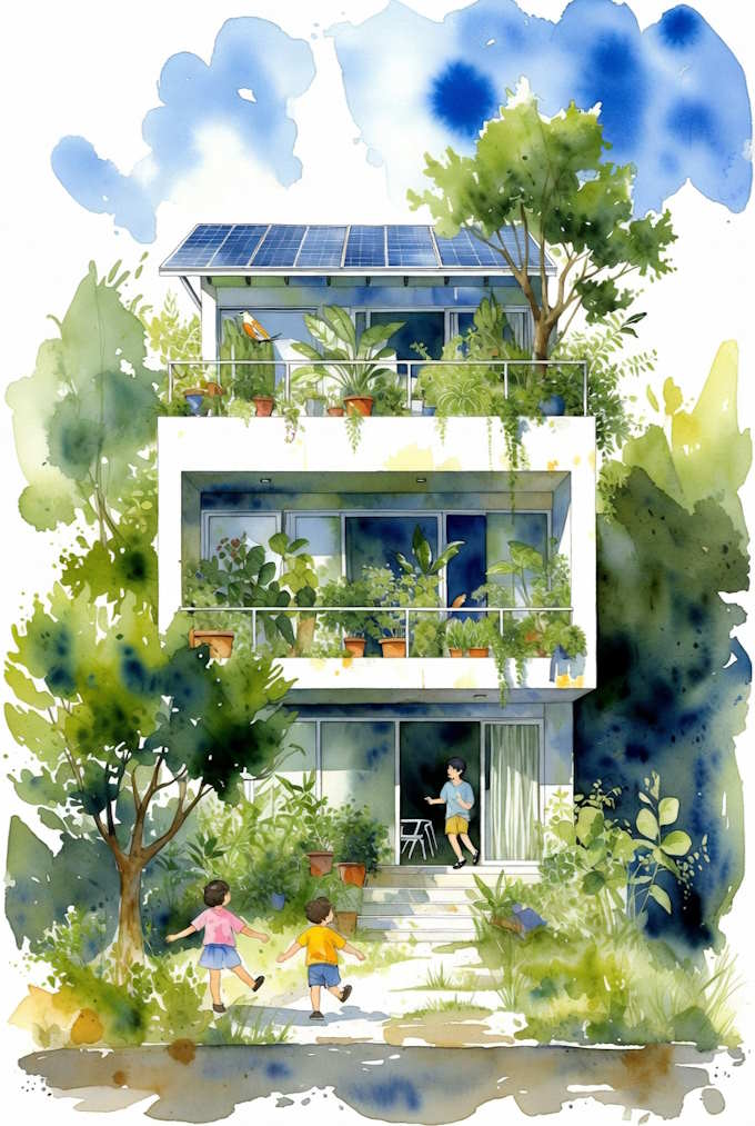 Vẽ tranh Ngôi nhà mơ ước chủ đề đô thị xanh hạnh phúc - Sáng kiến nhà hiện đại trồng nhiều cây xanh