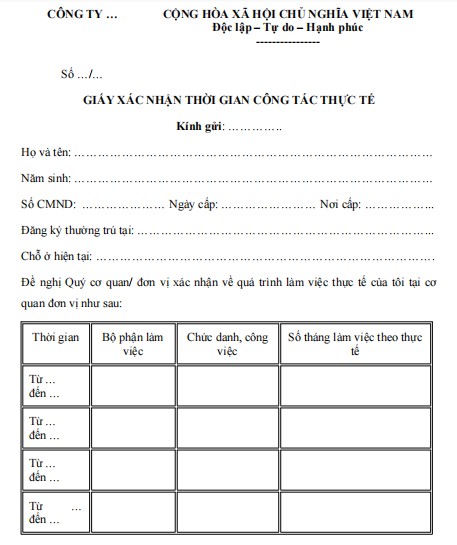 Mẫu giấy xác nhận thời gian công tác thực tế