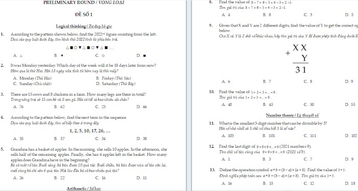 Đề Toán HKIMO lớp 4 Vòng loại