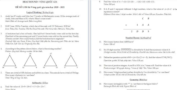 Đề Toán HKIMO lớp 4 Vòng quốc gia