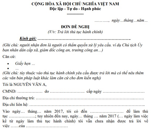 Mẫu đơn đề nghị trả lời thủ tục hành chính