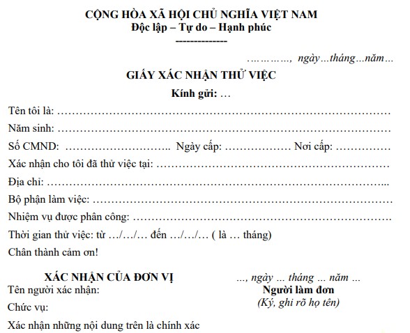 Mẫu giấy xác nhận thử việc
