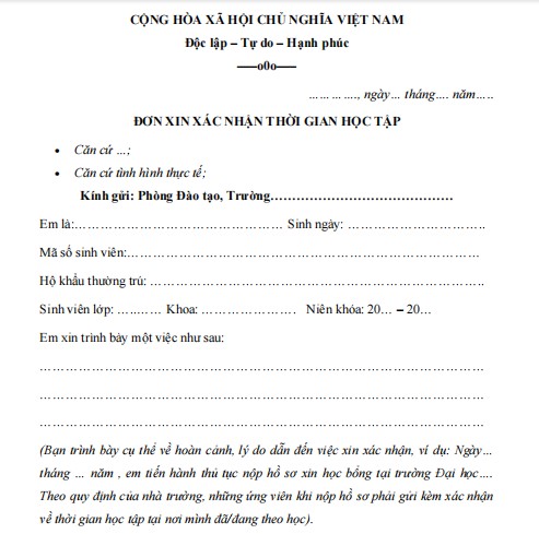 Mẫu đơn xin xác nhận thời gian học tập