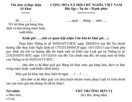Mẫu kê khai giá dịch vụ lưu trú
