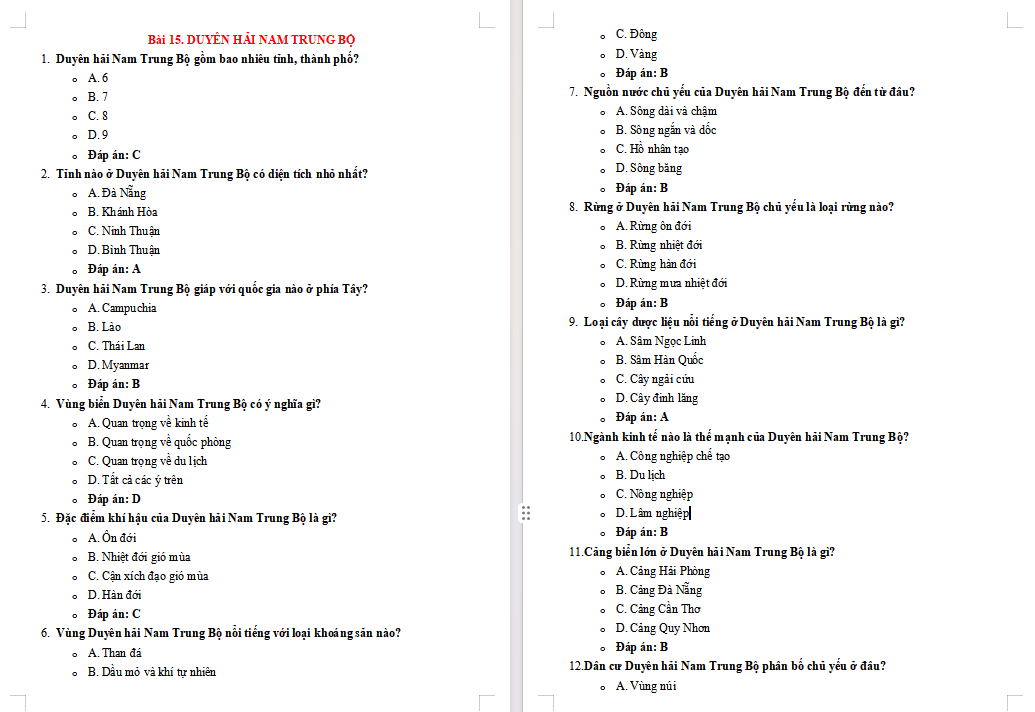 Trắc nghiệm Địa lí 9 Bài 15