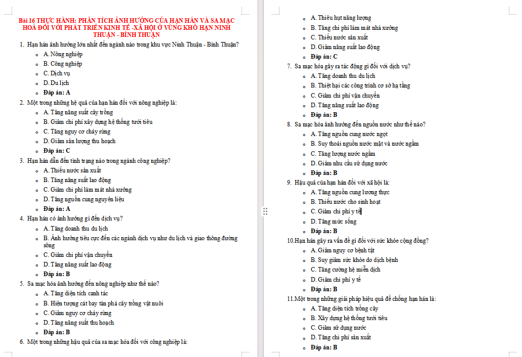 Trắc nghiệm Địa lí 9 Bài 16