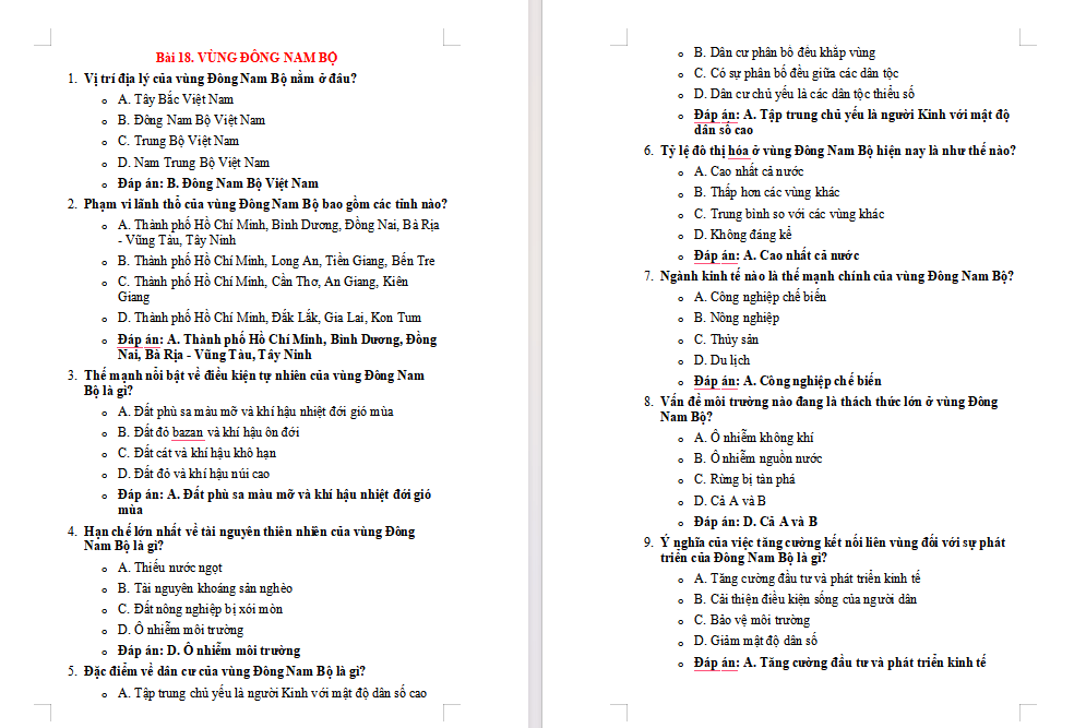 Trắc nghiệm Địa lí 9 Bài 18