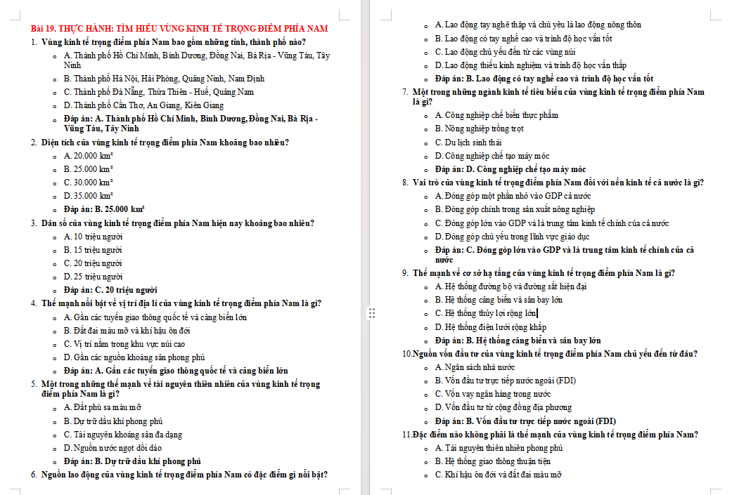 Trắc nghiệm Địa lí 9 Bài 19