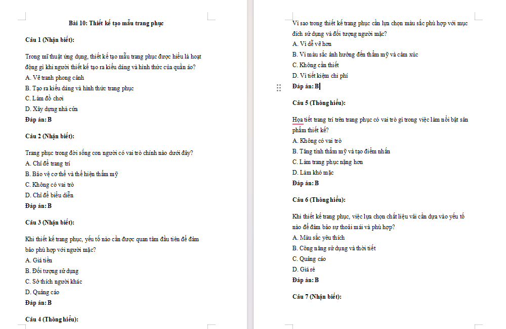 Trắc nghiệm Mĩ thuật 7 Bài 10