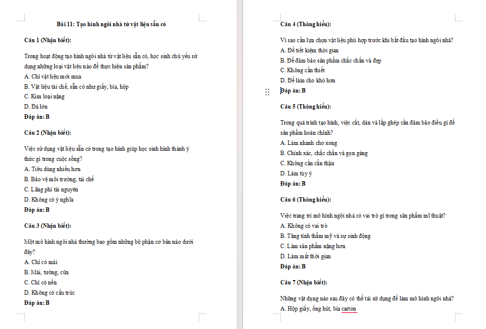 Trắc nghiệm Mĩ thuật 7 Bài 11