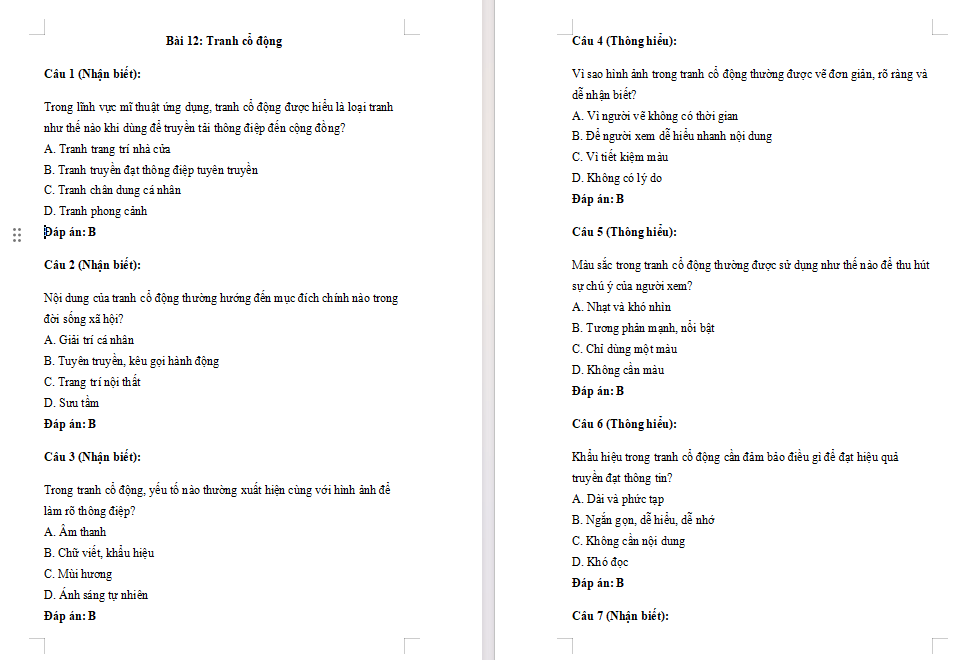 Trắc nghiệm Mĩ thuật 7 Bài 12