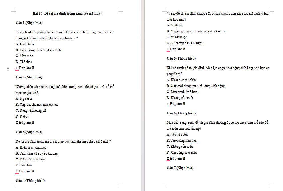 Trắc nghiệm Mĩ thuật 7 Bài 13