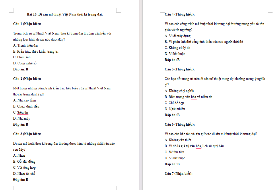 Trắc nghiệm Mĩ thuật 7 Bài 15