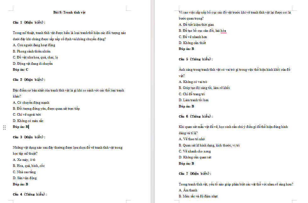 Trắc nghiệm Mĩ thuật 7 Bài 8