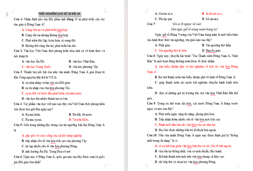 Bài tập Lịch sử 10 Bài 10