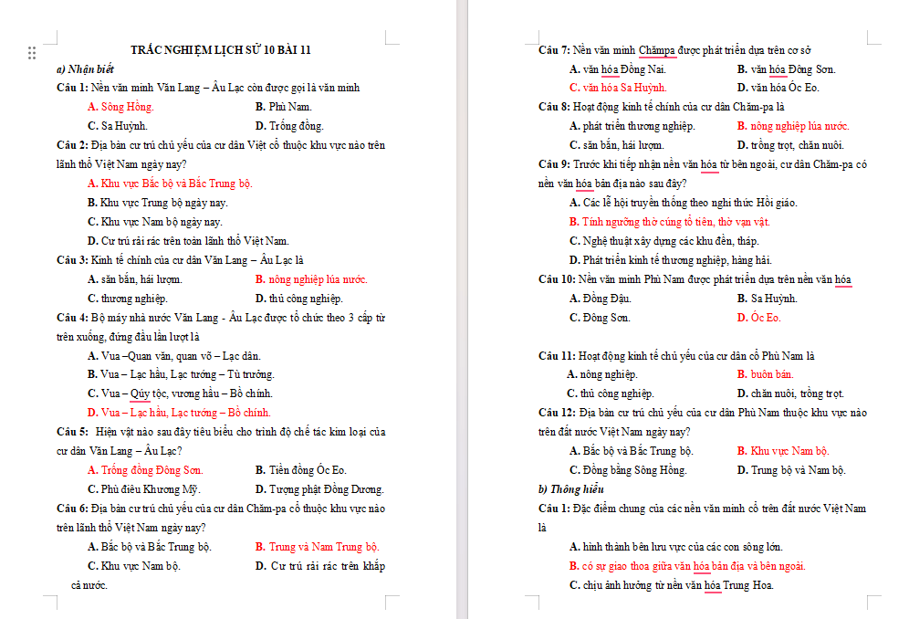 Bài tập Lịch sử 10 Bài 11