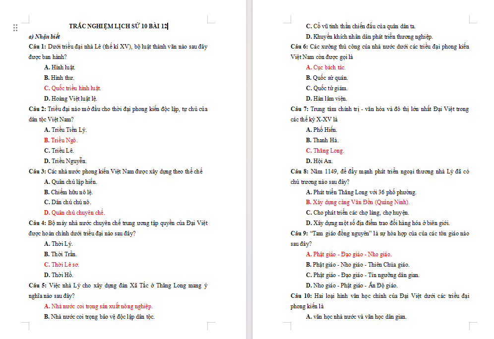 Bài tập Lịch sử 10 Bài 12