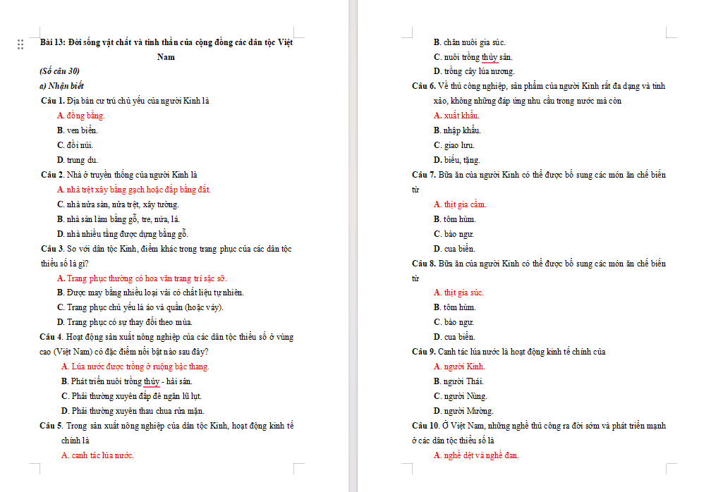 Bài tập Lịch sử 10 Bài 13