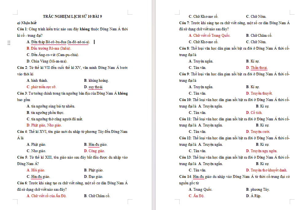 Bài tập Lịch sử 10 Bài 9