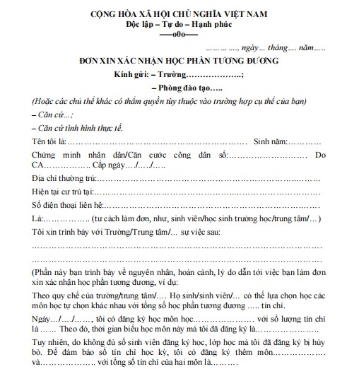 Mẫu đơn xin xác nhận học phần tương đương