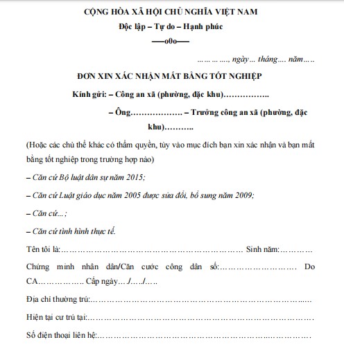 Mẫu đơn xin xác nhận mất bằng tốt nghiệp