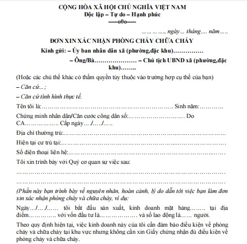 Mẫu đơn xin xác nhận phòng cháy chữa cháy