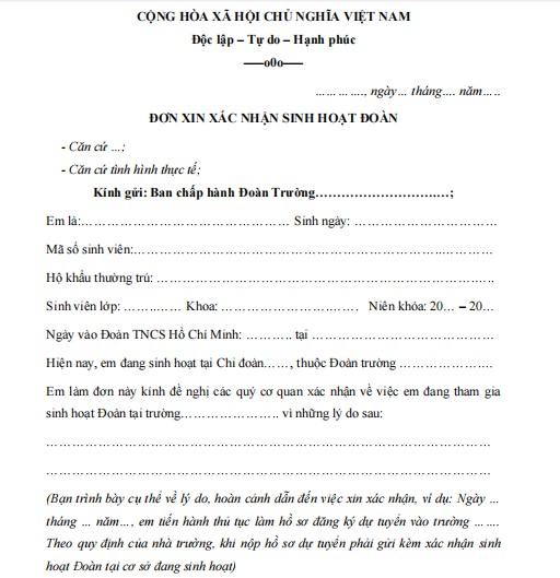 Mẫu đơn xin xác nhận sinh hoạt đoàn