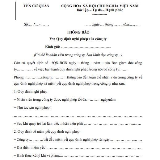 Mẫu thông báo quy định nghỉ phép