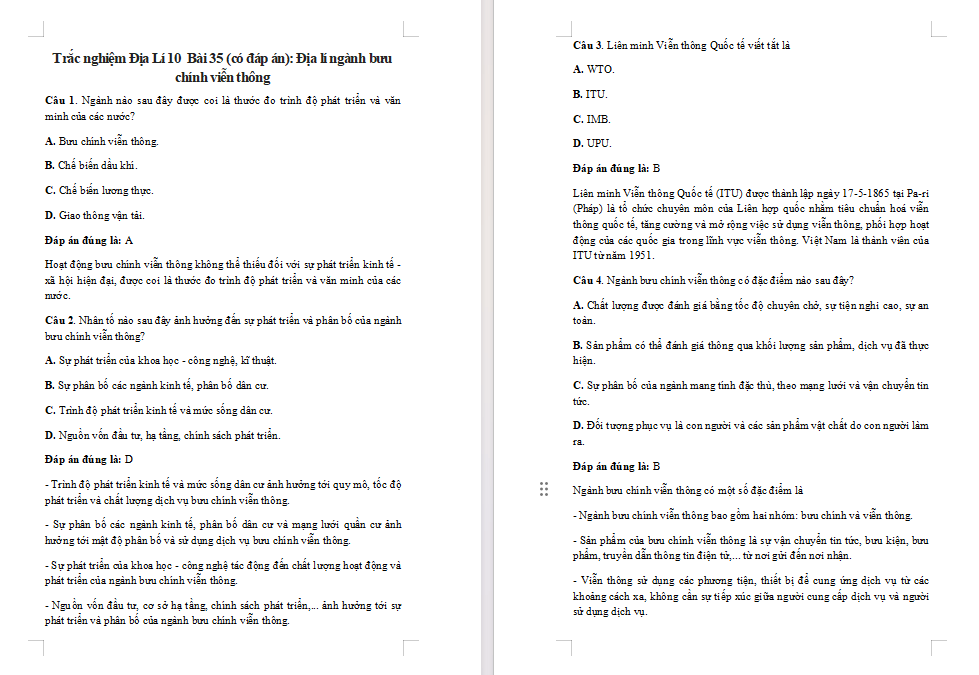 Bài tập Địa lí 10 Bài 35