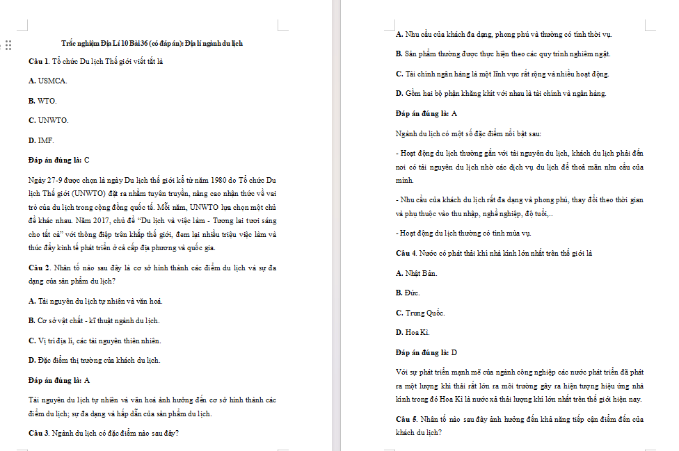 Bài tập Địa lí 10 Bài 36