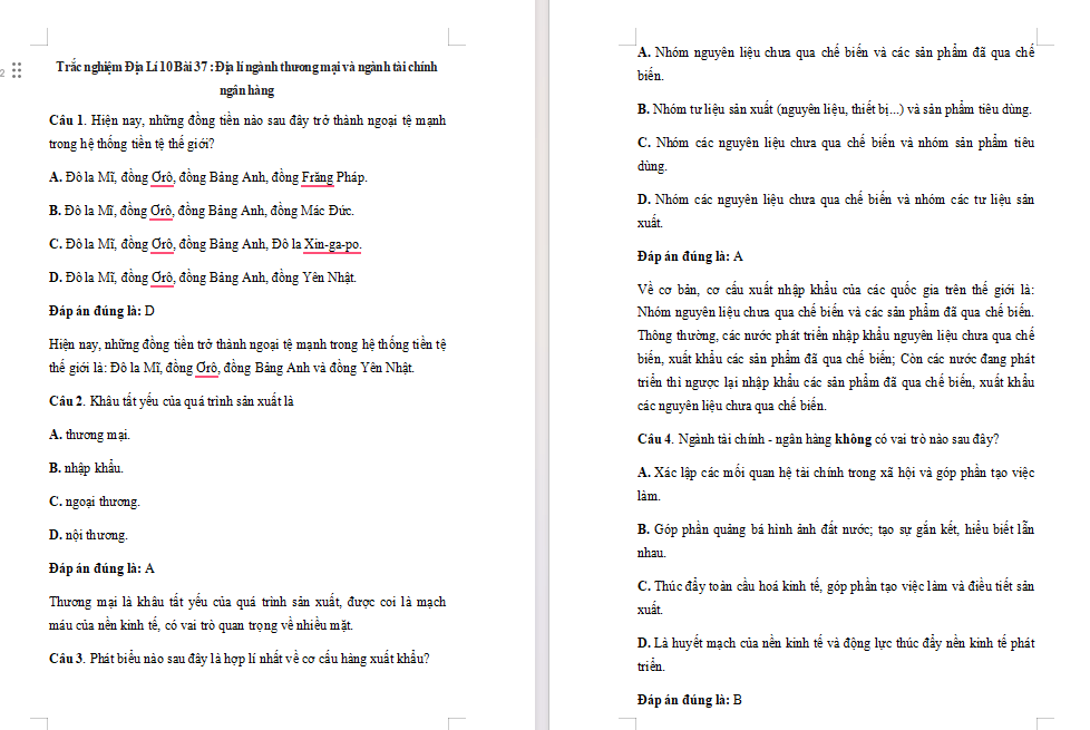 Bài tập Địa lí 10 Bài 37