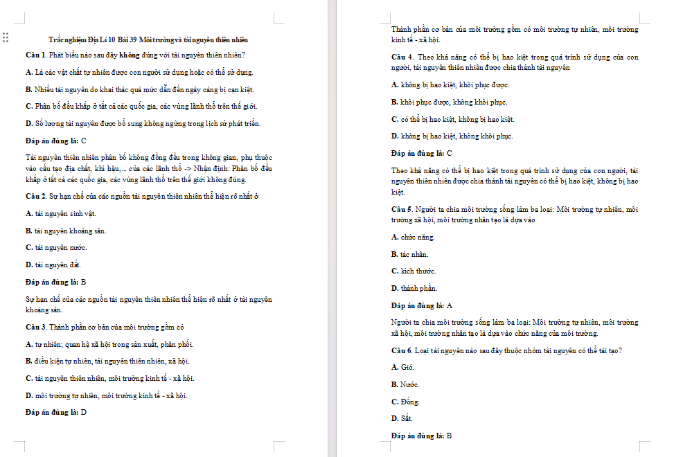 Bài tập Địa lí 10 Bài 39