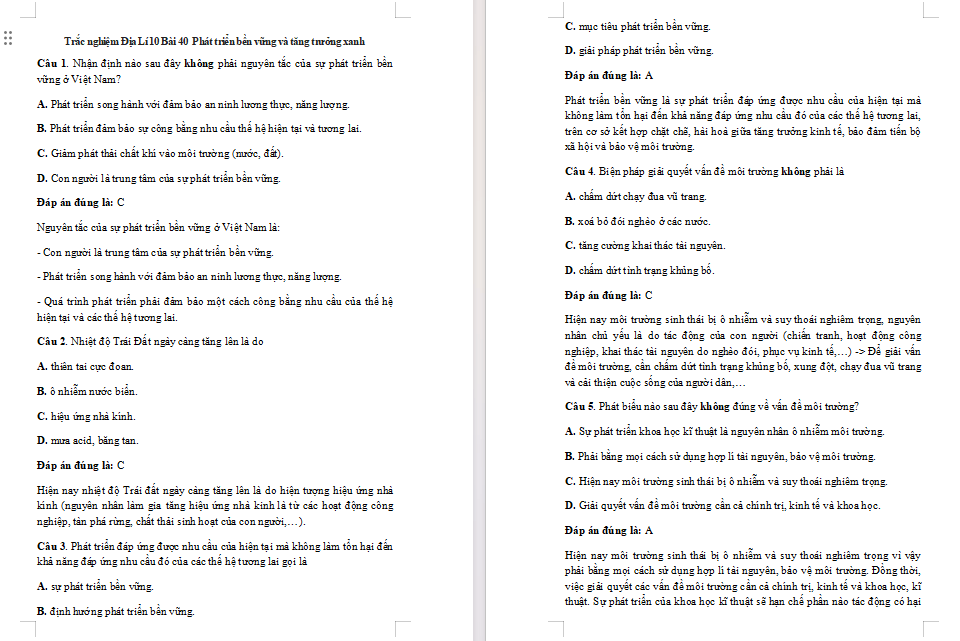 Bài tập Địa lí 10 Bài 40