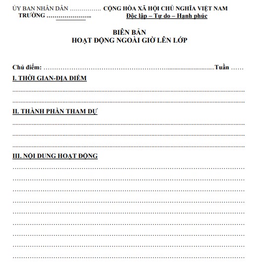 Mẫu biên bản hoạt động ngoài giờ lên lớp