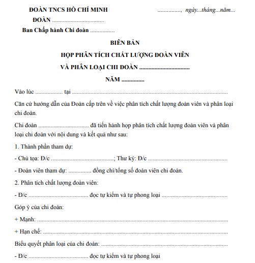 Mẫu biên bản họp phân tích chất lượng đoàn viên và phân loại chi đoàn