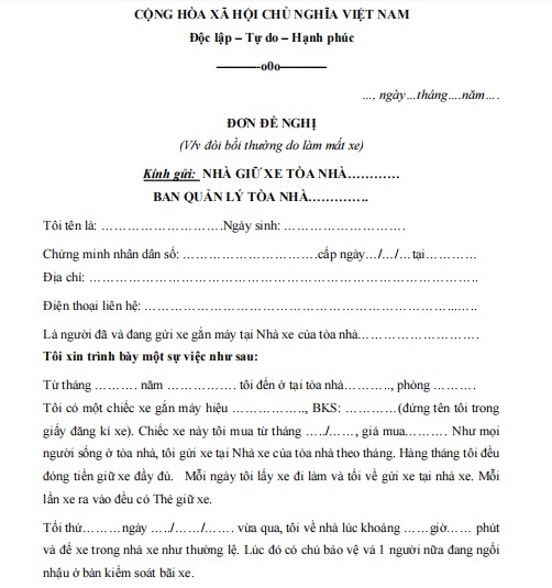 Mẫu đơn đề nghị bồi thường do làm mất xe
