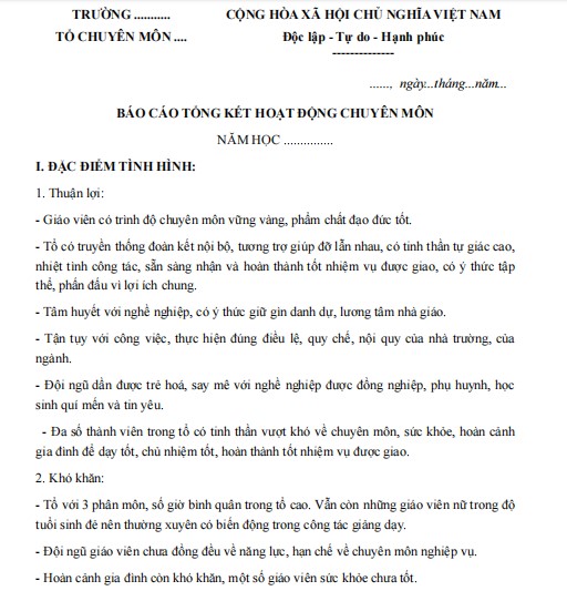 Mẫu báo cáo tổng kết của tổ chuyên môn trường THPT